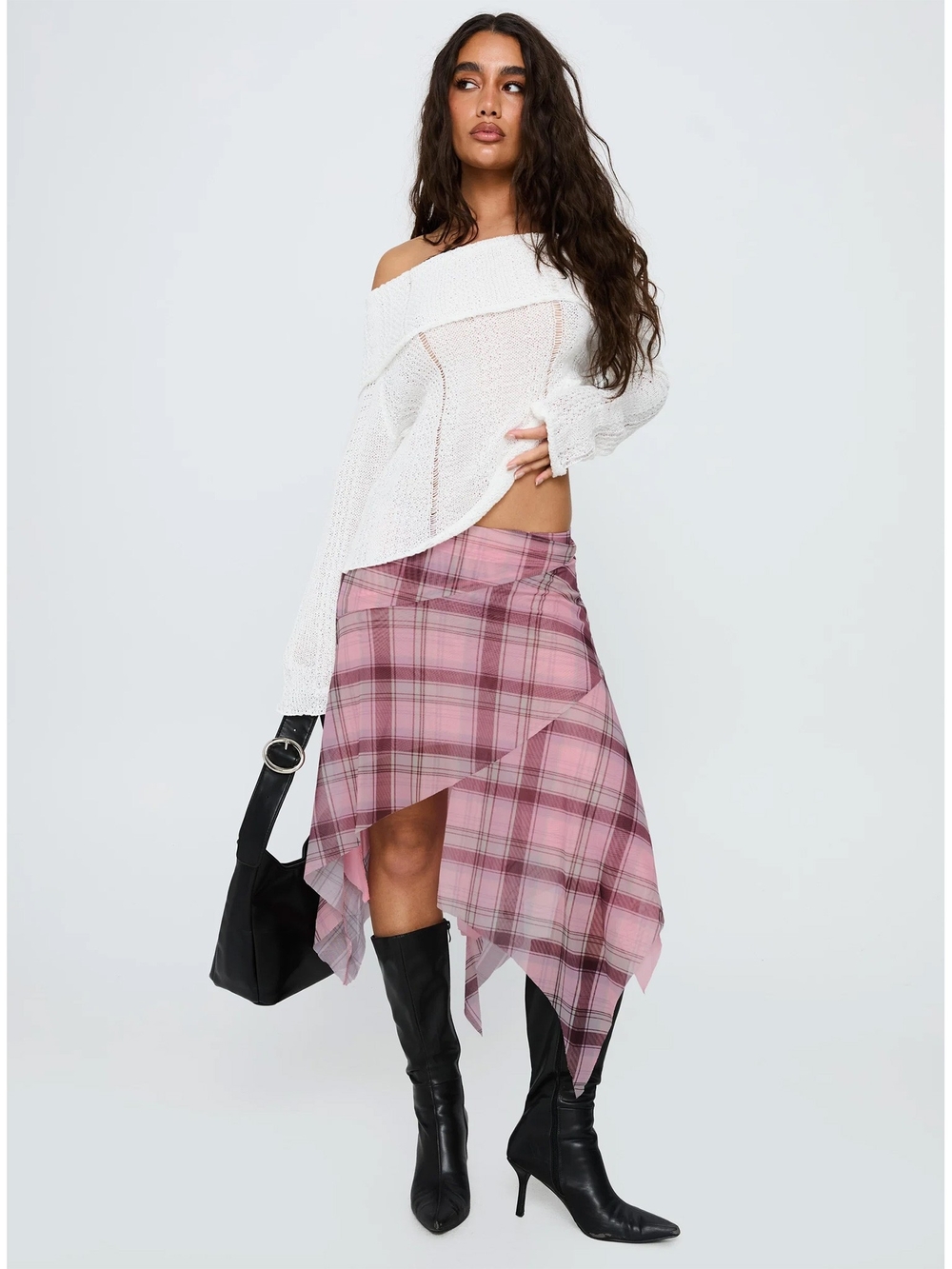 Princess Polly Anali Asymmetrical Midi Skirt Pink / Multi Check - Picture 2 of 5